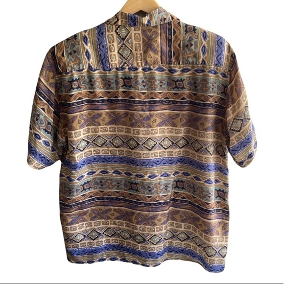 100% Silk Aztec Print Vintage Button Down Shirt with Shoulder Pads 90s Y2K Funky - Picture 2 of 4